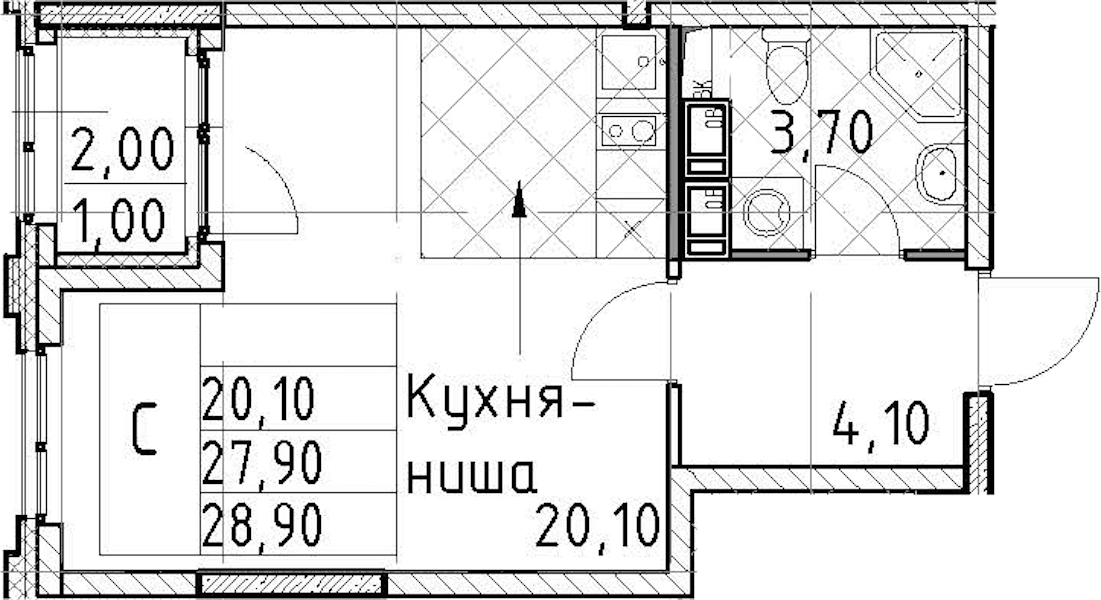 Квартира студия 28.9 м², 2/13 эт., ЖК «Тайм Сквер»